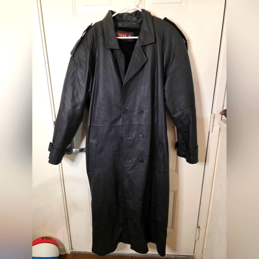 Men's Phase 2 Leather Long Black Trench Coat Jacket Size‎ Large